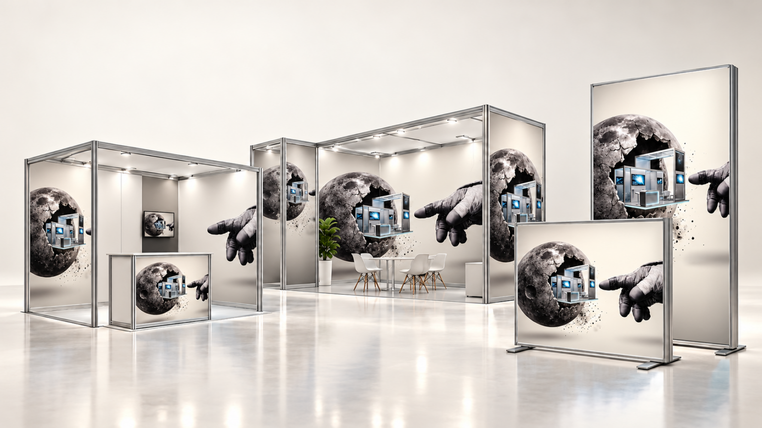 Exposición modular con luna y astronauta